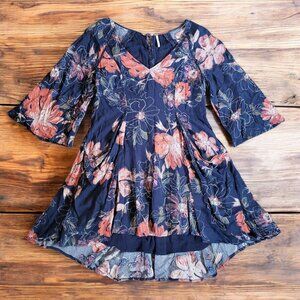 Free People Boho Floral Flowy Mini Dress V Neck Navy Blue Womens 4 Eyes On You